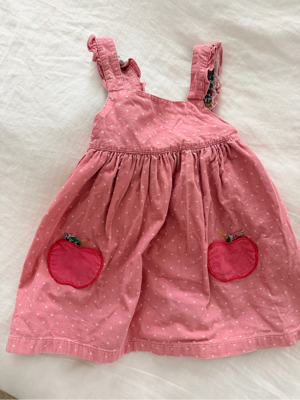 Mini Boden Pink Polka Dot Apple Pocket Corduroy Dress